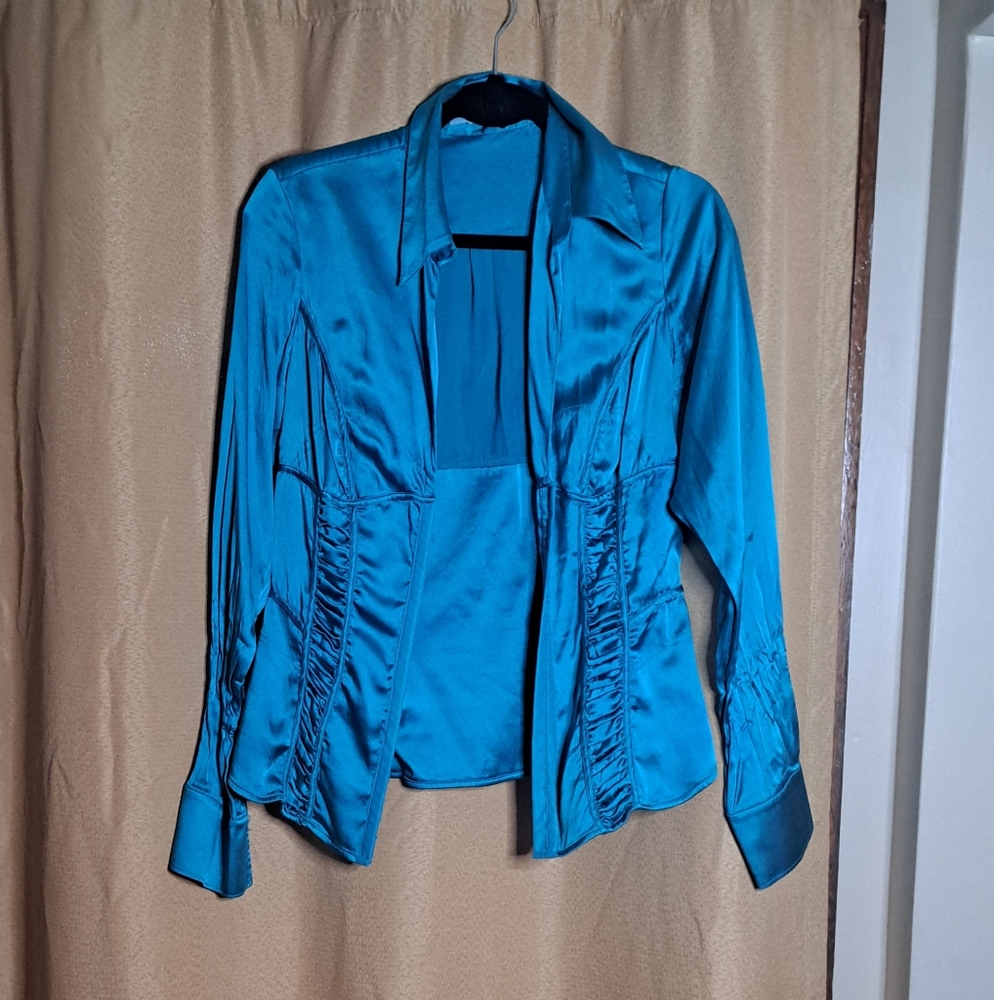 Marciano Teal Satin Pencil Skirt And Blouse